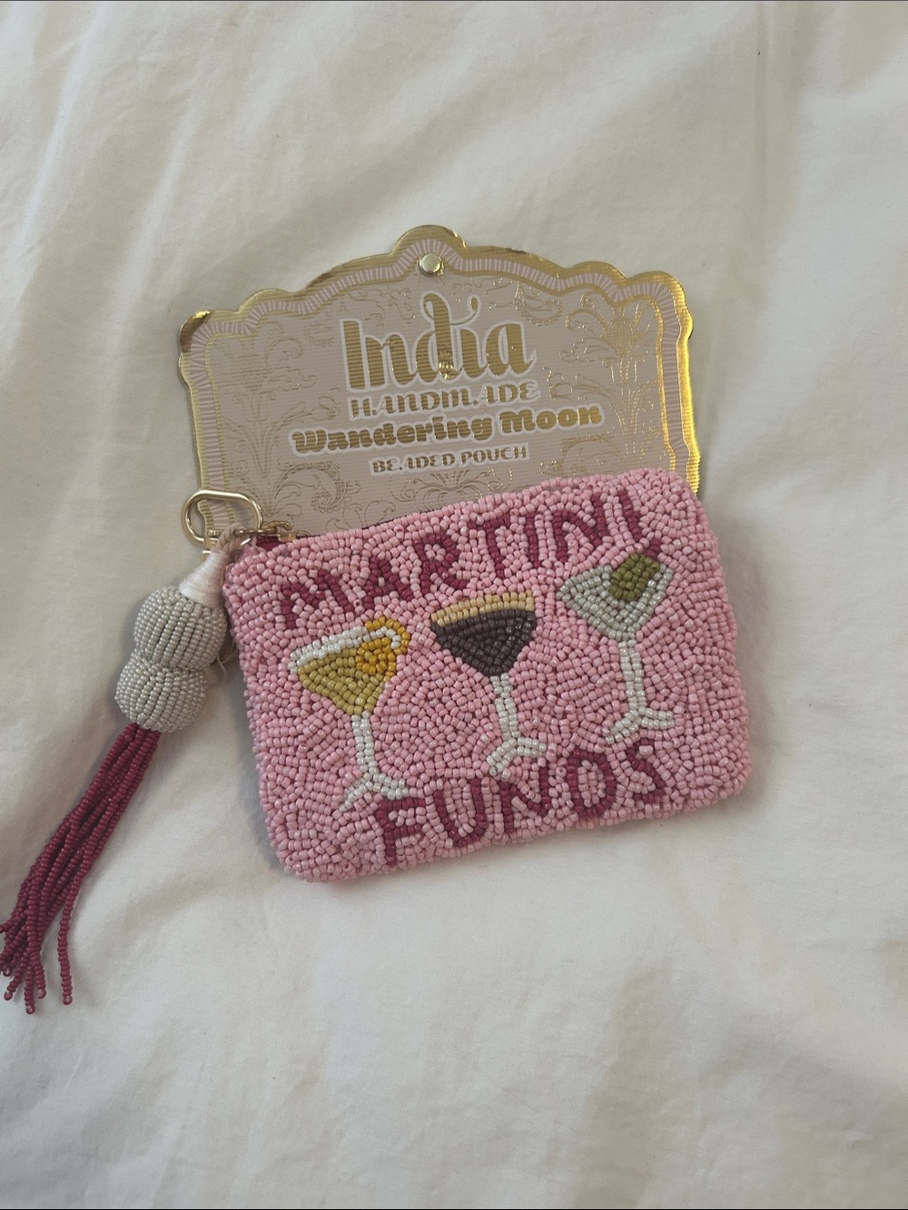 India Handmade Pink 'Martini Funds Beaded Pouch with Tassel